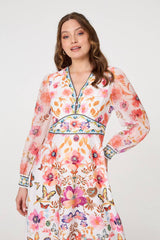 Pink Floral Border Print Empire Midi Dress