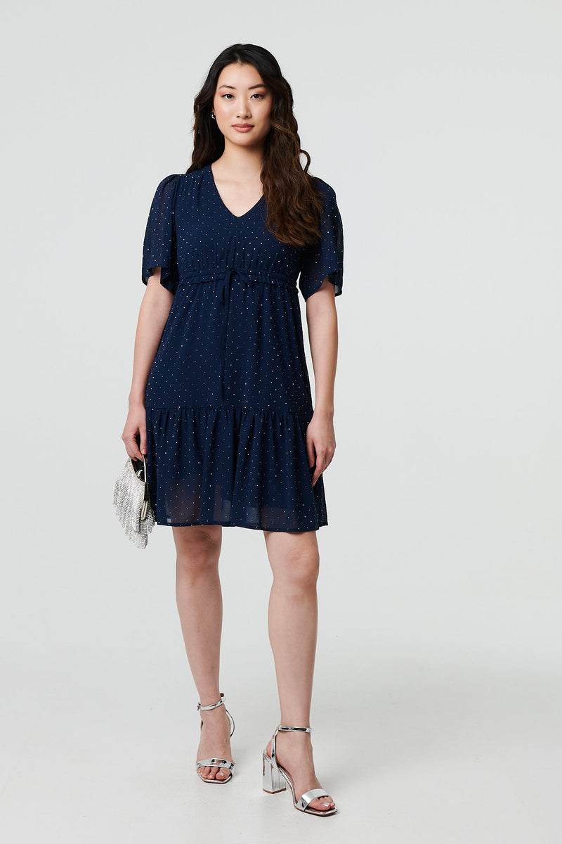 Sparkly Dot Print Semi Sheer Short Dress