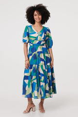 Abstract Ruched 1/2 Sleeve Midi Dress