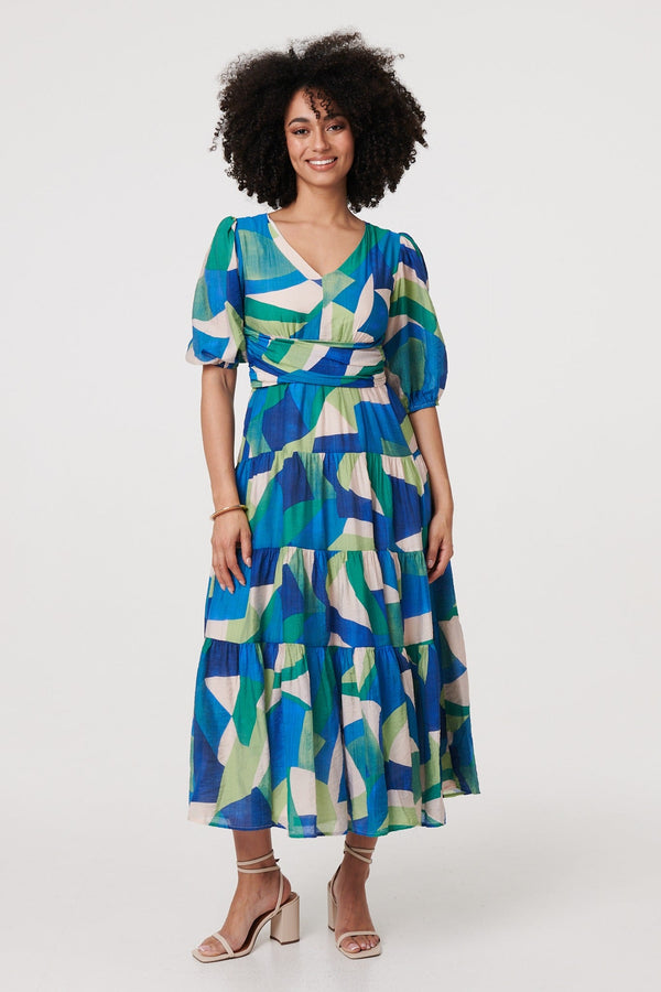 Abstract Ruched 1/2 Sleeve Midi Dress