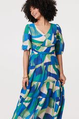 Abstract Ruched 1/2 Sleeve Midi Dress