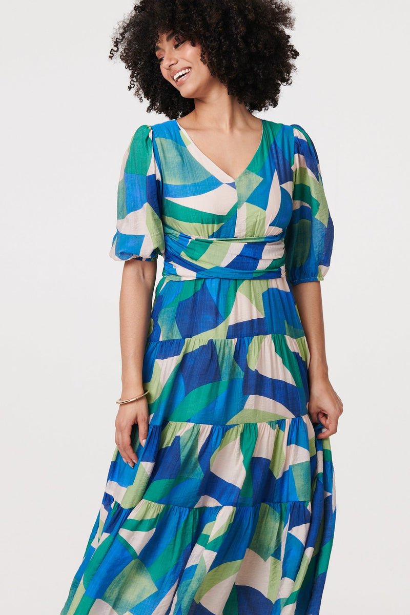 Abstract Ruched 1/2 Sleeve Midi Dress