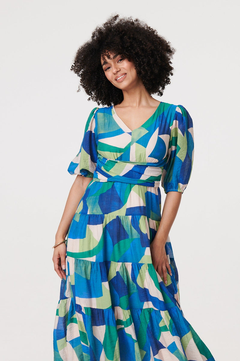 Abstract Ruched 1/2 Sleeve Midi Dress