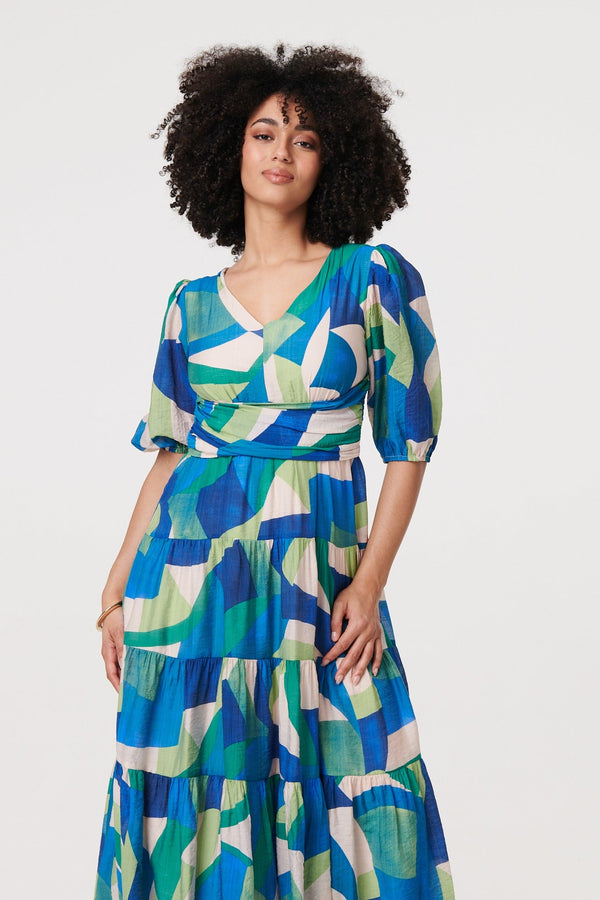 Abstract Ruched 1/2 Sleeve Midi Dress