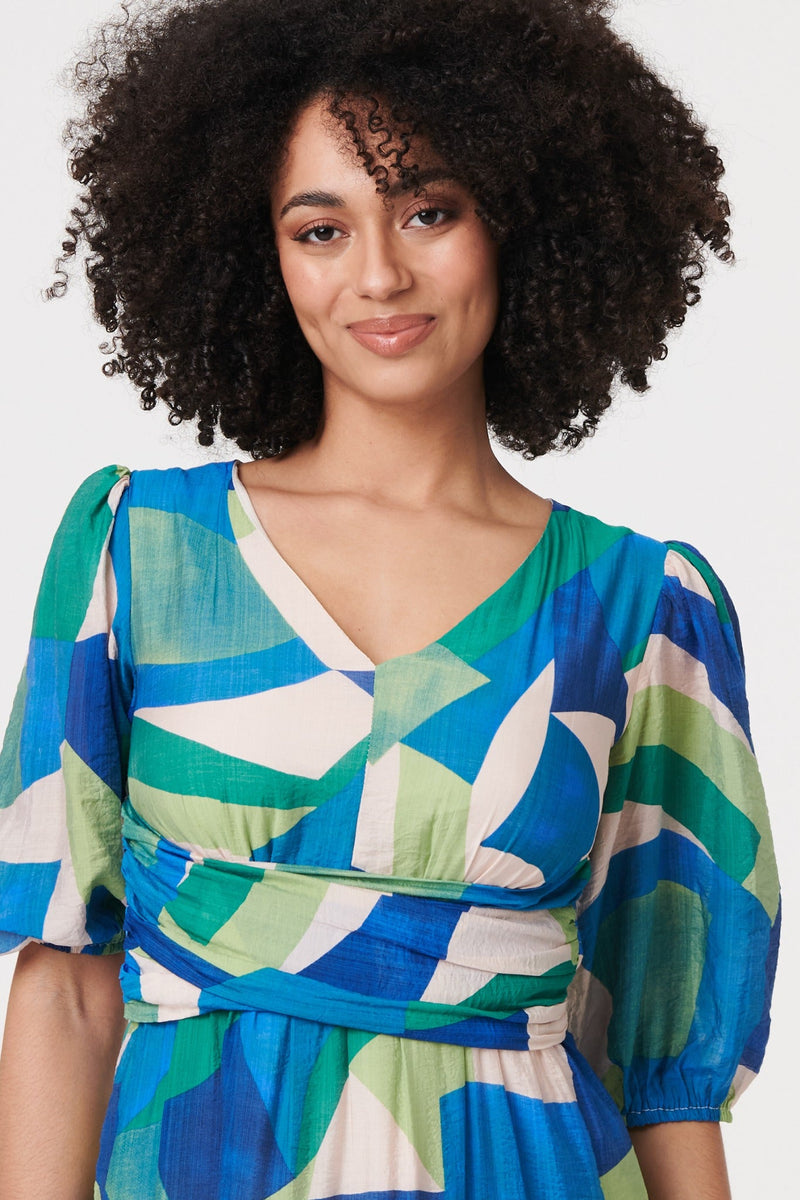 Abstract Ruched 1/2 Sleeve Midi Dress
