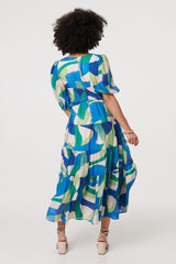 Abstract Ruched 1/2 Sleeve Midi Dress