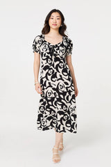 Abstract Tie Up Bardot Midi Dress