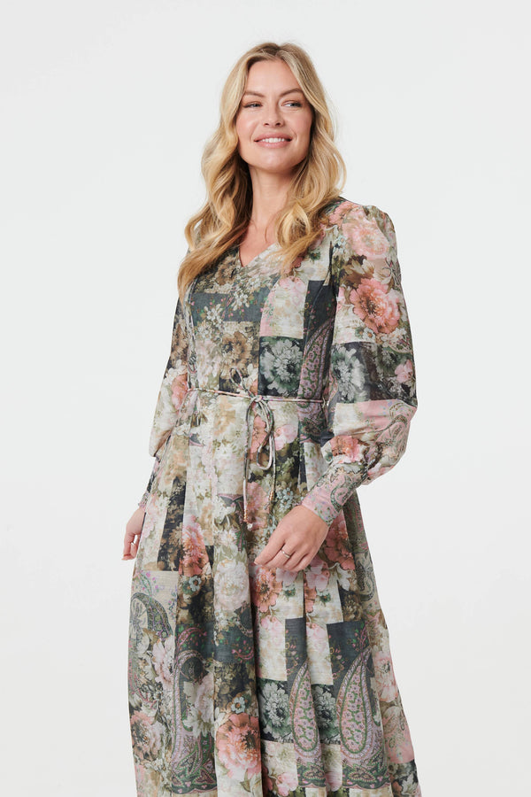 Patchwork Print Tie Waist Midi Dress