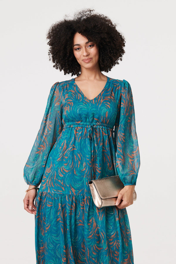 Leaf Print Sheer Tie Waist Maxi Dress