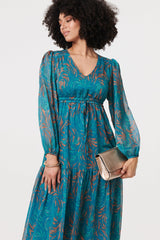 Leaf Print Sheer Tie Waist Maxi Dress