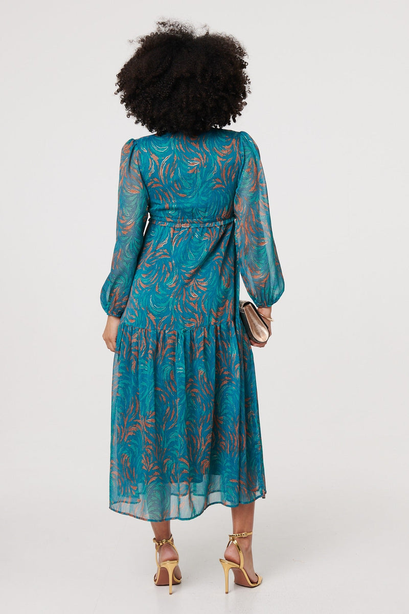 Leaf Print Sheer Tie Waist Maxi Dress