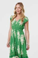 Ikat Print Cap Sleeve Shirred Midi Dress