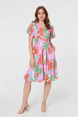 Abstract Shirred Knee Length Dress
