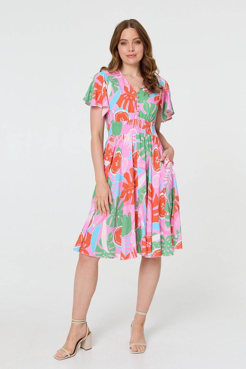 Abstract Shirred Knee Length Dress