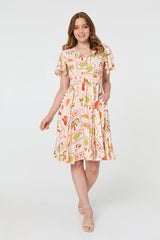 Printed V-Neck Shirred Knee Length Dress