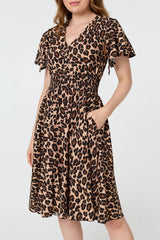 Animal Print Shirred Knee Length Dress