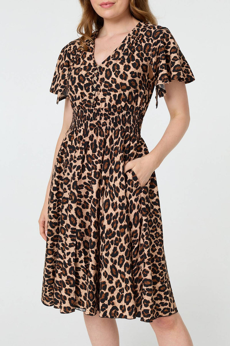 Animal Print Shirred Knee Length Dress