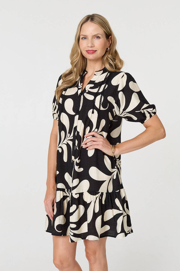 Printed 1/2 Sleeve Tiered Short Dress