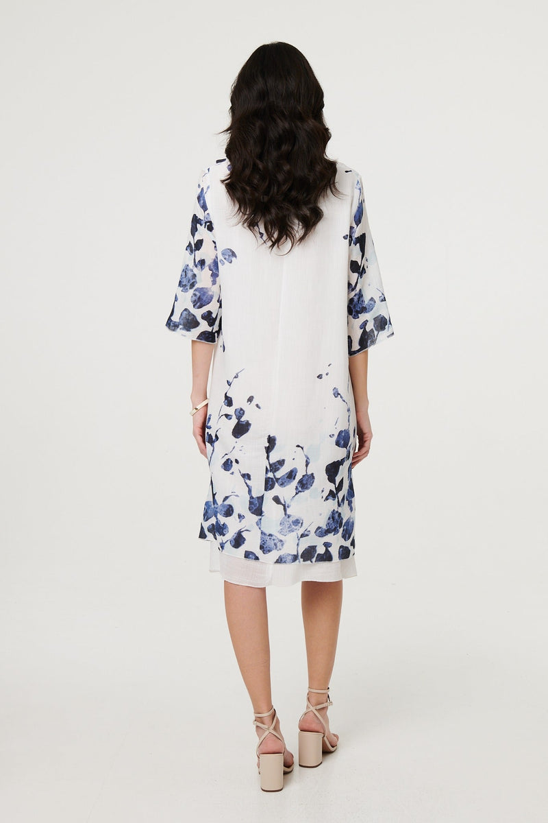 Floral 3/4 Sleeve Layered Hem Midi Dress