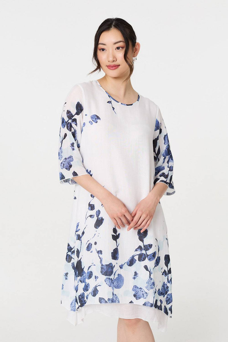 Floral 3/4 Sleeve Layered Hem Midi Dress