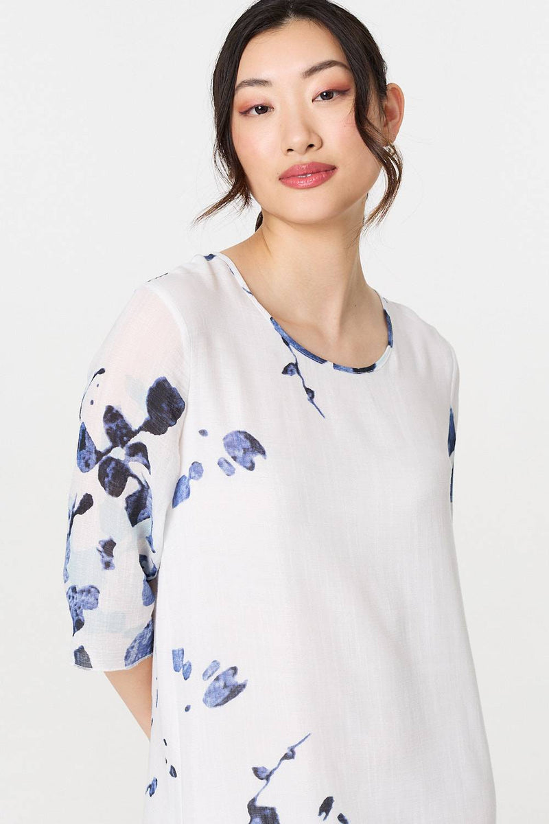 Floral 3/4 Sleeve Layered Hem Midi Dress