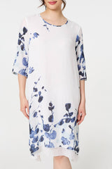 Floral 3/4 Sleeve Layered Hem Midi Dress