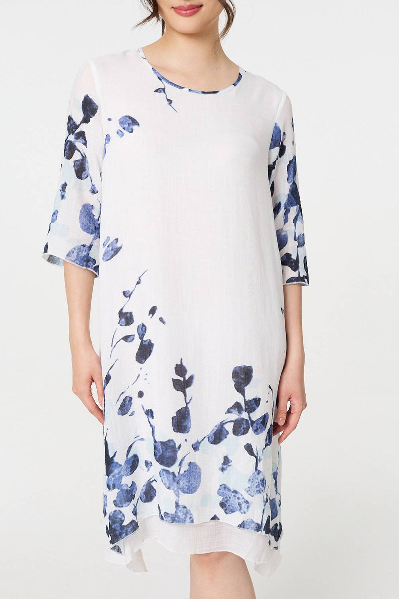 Floral 3/4 Sleeve Layered Hem Midi Dress