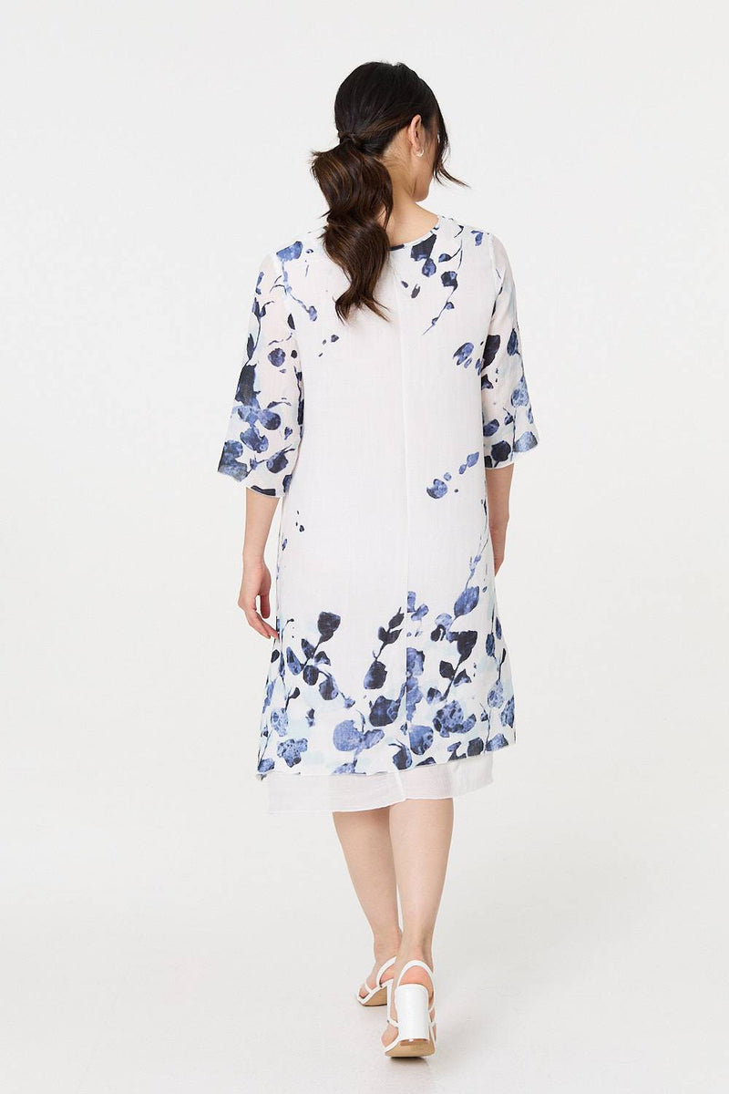 Floral 3/4 Sleeve Layered Hem Midi Dress