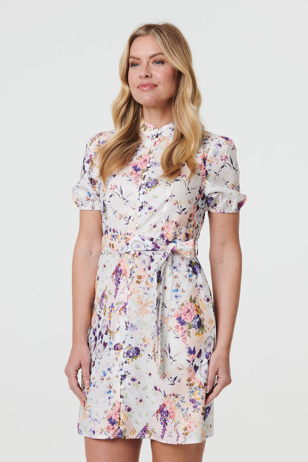 Floral High Neck Tie Waist Short Dress