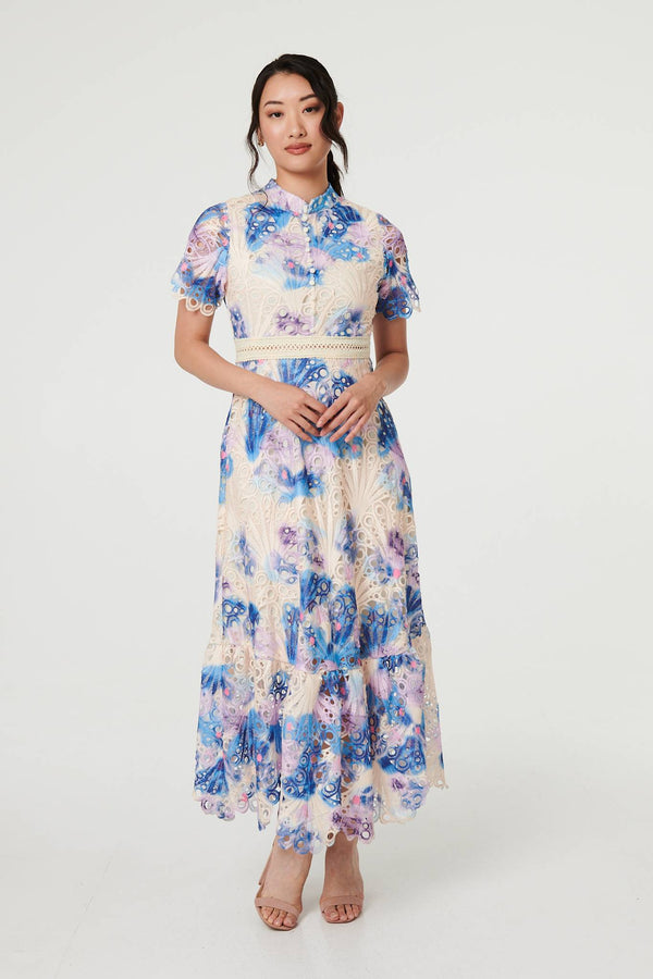 Floral Lace Trim High Neck Maxi Dress