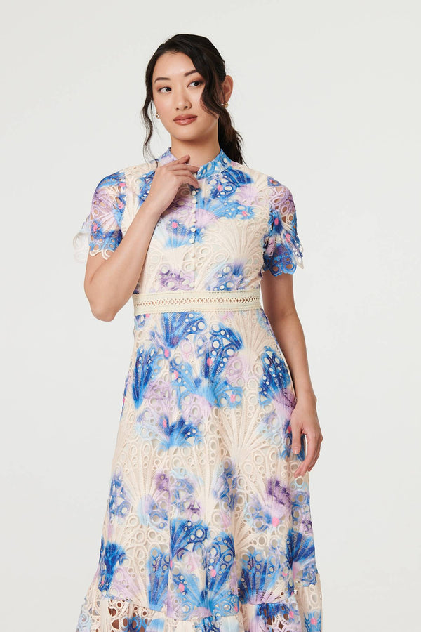 Floral Lace Trim High Neck Maxi Dress