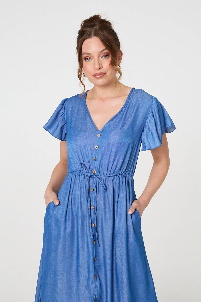 Short Sleeve Drawstring Waist Midi Dress