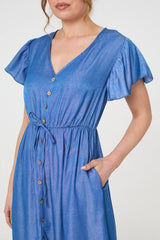 Short Sleeve Drawstring Waist Midi Dress