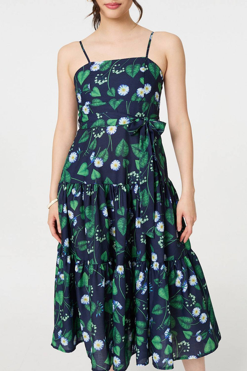 Floral Sleeveless Tie Waist Midi Dress