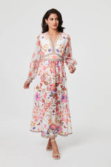 Floral Sheer Sleeve Empire Maxi Dress