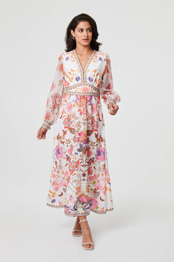 Floral Sheer Sleeve Empire Maxi Dress