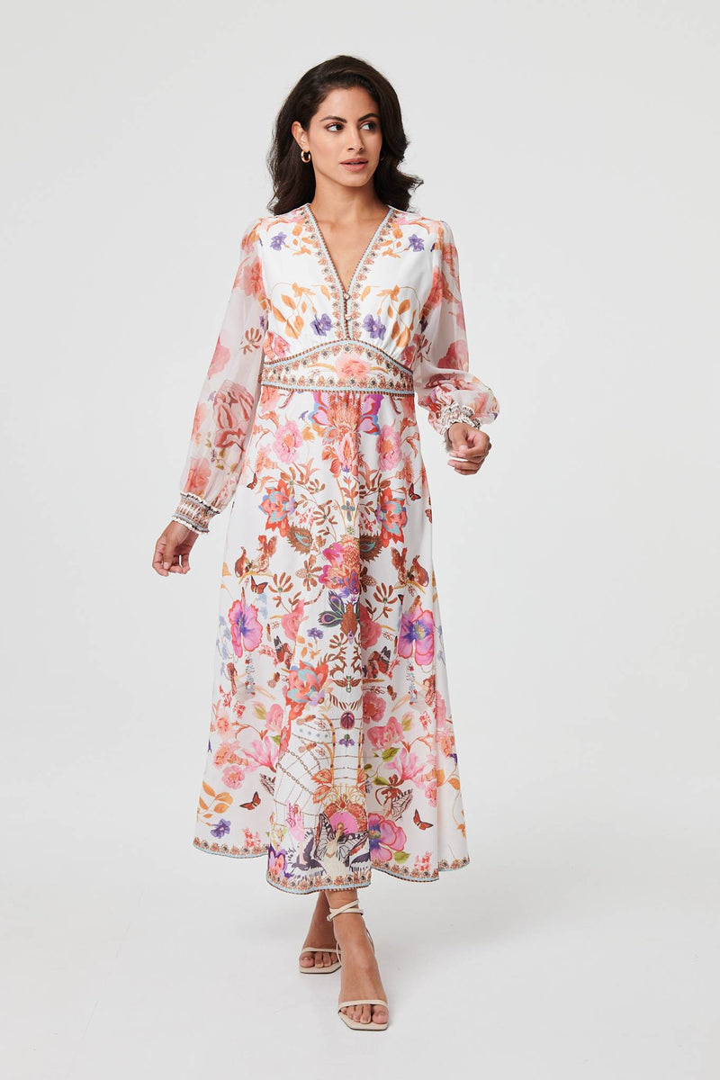 Floral Sheer Sleeve Empire Maxi Dress