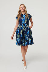 Floral Cap Sleeve Pleated Short Dress