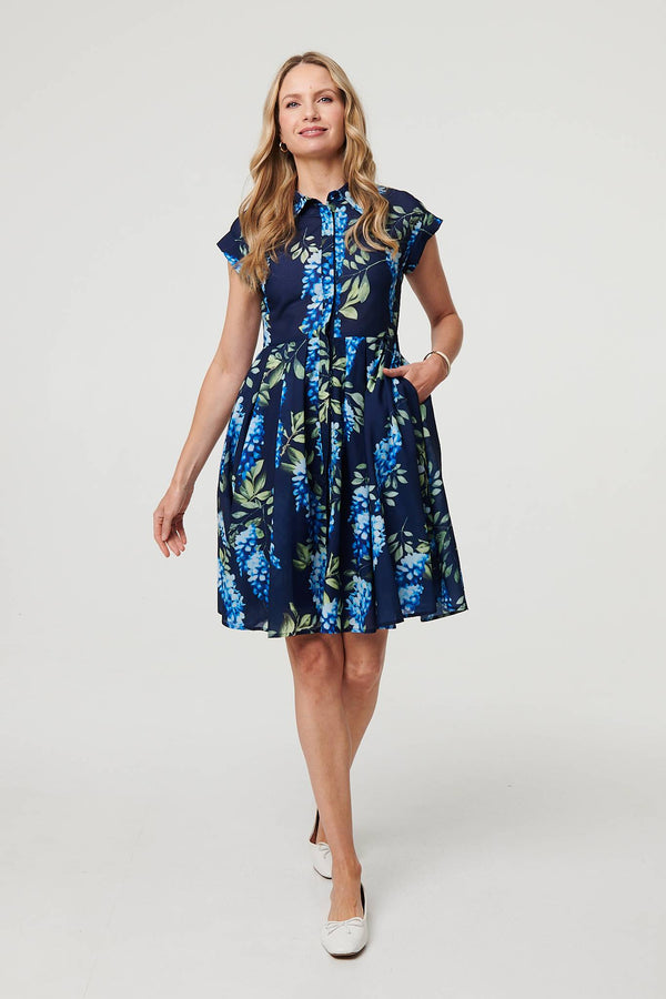 Floral Cap Sleeve Pleated Short Dress