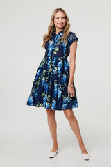 Floral Cap Sleeve Pleated Short Dress