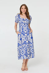 Printed Puff Sleeve A-Line Midi Dress