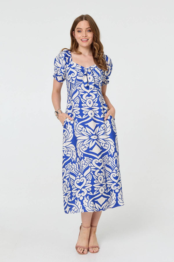 Printed Puff Sleeve A-Line Midi Dress