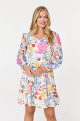 Floral Long Sleeve Tiered Short Dress