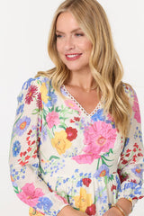 Floral Long Sleeve Tiered Short Dress