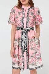 Border Print Tie Waist Short Dress