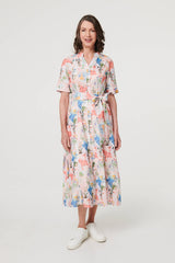 Printed Tie Waist 1/2 Sleeve Midi Dress