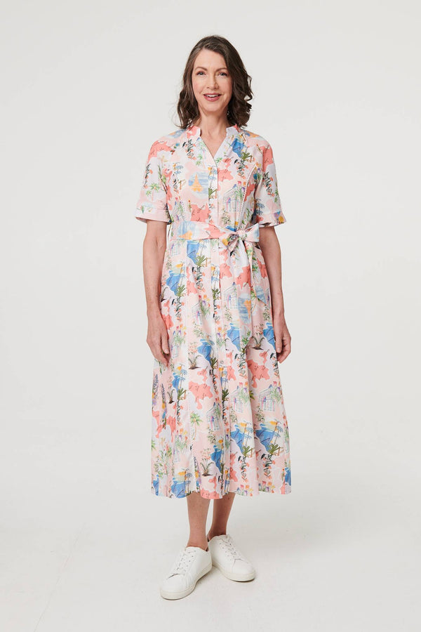 Printed Tie Waist 1/2 Sleeve Midi Dress
