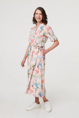 Printed Tie Waist 1/2 Sleeve Midi Dress