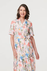 Printed Tie Waist 1/2 Sleeve Midi Dress