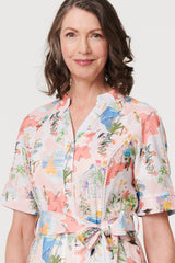 Printed Tie Waist 1/2 Sleeve Midi Dress